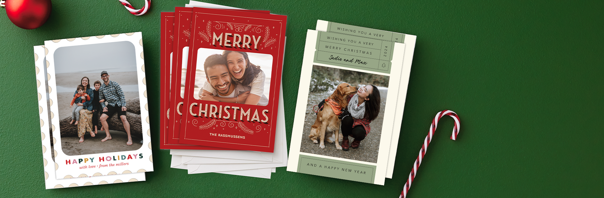 Three personalized holiday card designs. 