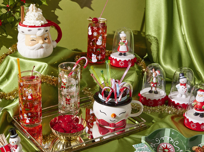 A festive midcentury-style Christmas tabletop display.