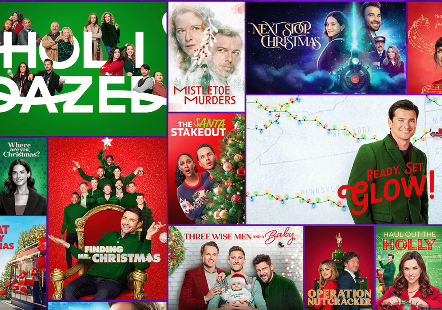 Collage of Hallmark+ holiday series and movies covers