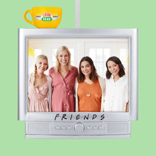 Personalized Friends TV ornament with Central Perk cup on top.