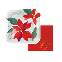 Party plate with poinsettia illustration with a red and goldparty napkin